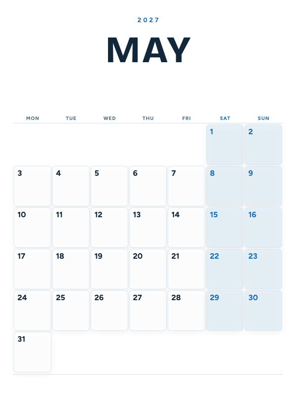 Ocean Poster May 2027 printable calendar preview