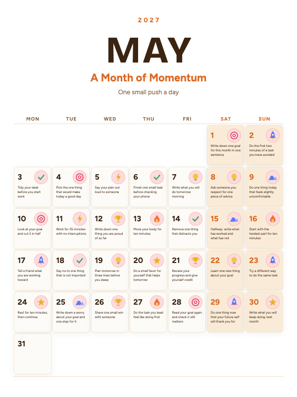 Daily Motivation May 2027 printable calendar preview
