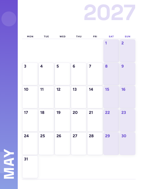 Lavender Side May 2027 printable calendar preview