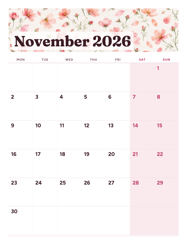 Blush Gallery November 2026 printable calendar preview