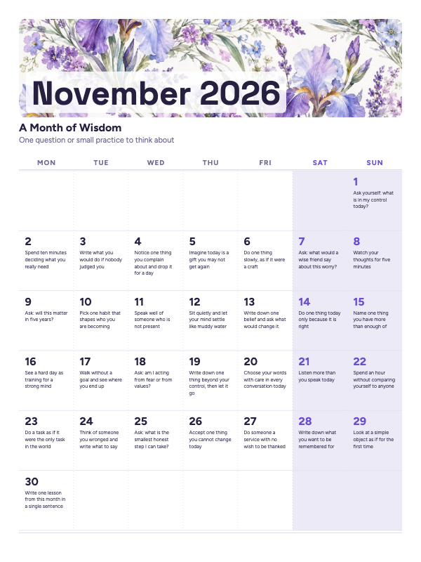 Thoughts to Keep November 2026 printable calendar preview