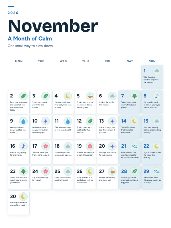 Calm Moments November 2026 printable calendar preview