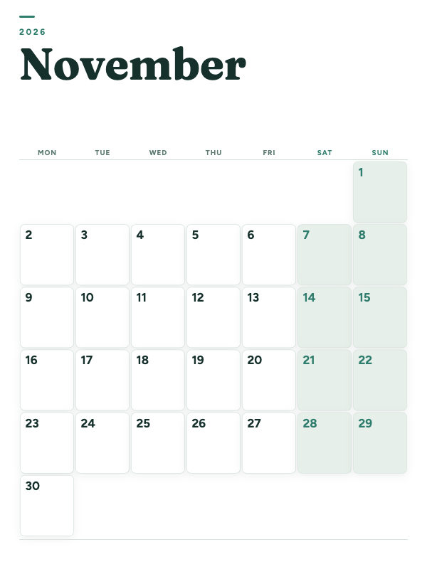Sage Grid November 2026 printable calendar preview