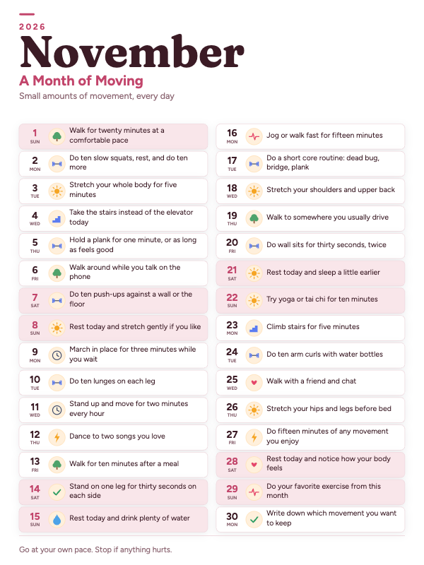 Movement Notes November 2026 printable calendar preview