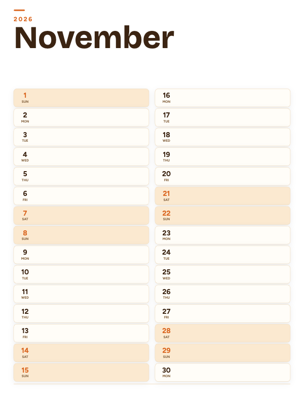 Sunrise List November 2026 printable calendar preview