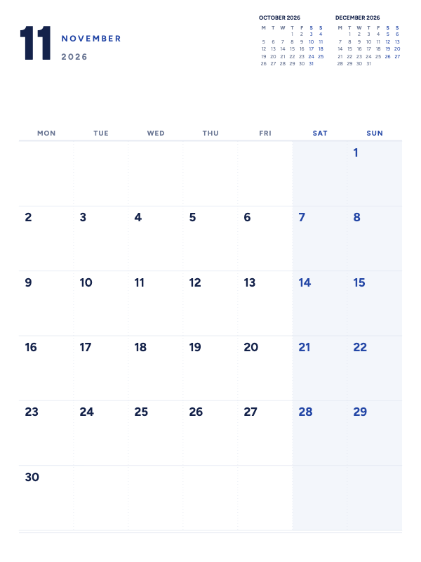 Quiet Planner November 2026 printable calendar preview
