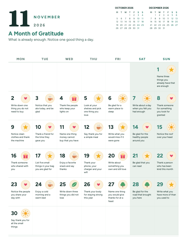 Gentle Gratitude November 2026 printable calendar preview