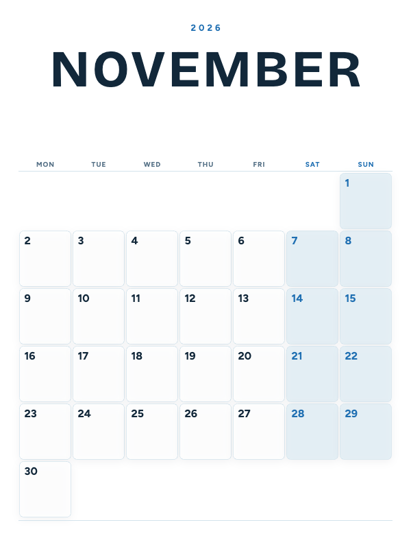 Ocean Poster November 2026 printable calendar preview