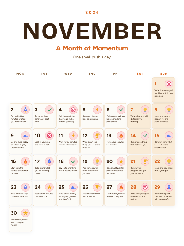 Daily Motivation November 2026 printable calendar preview