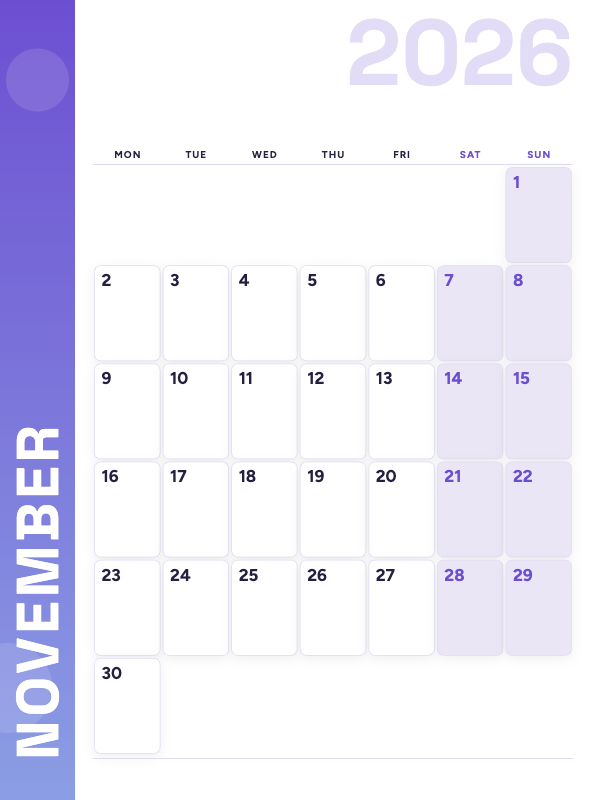 Lavender Side November 2026 printable calendar preview