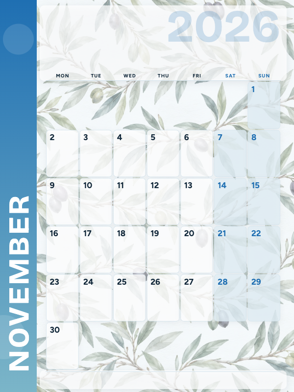 Olive Branches November 2026 printable calendar preview