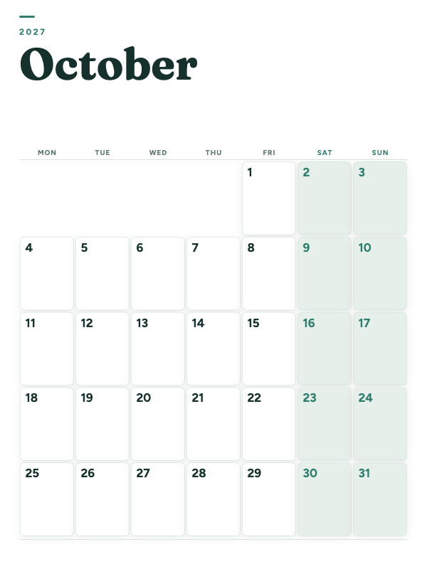 Sage Grid October 2027 printable calendar preview