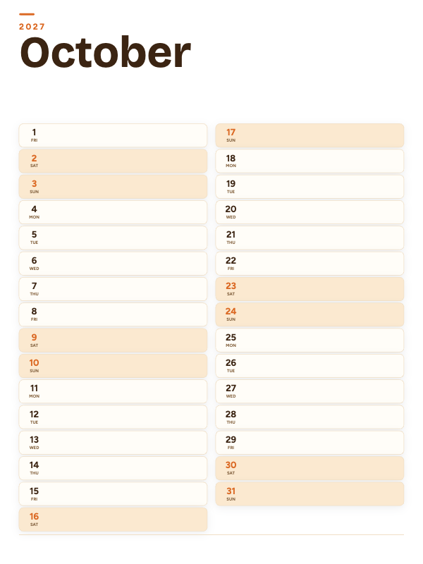 Sunrise List October 2027 printable calendar preview