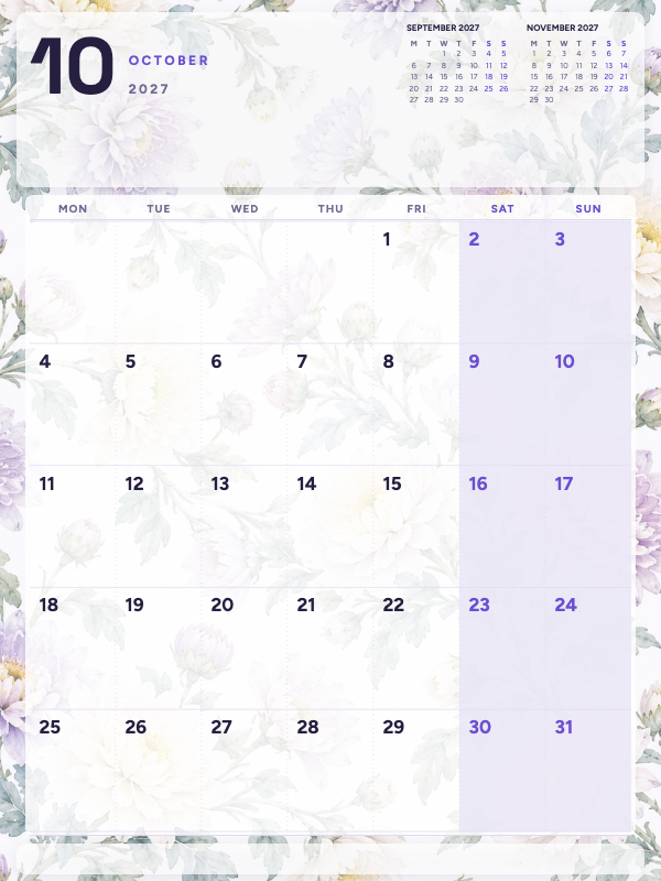 Chrysanthemum Watercolor October 2027 printable calendar preview
