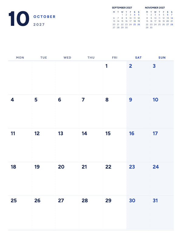Quiet Planner October 2027 printable calendar preview