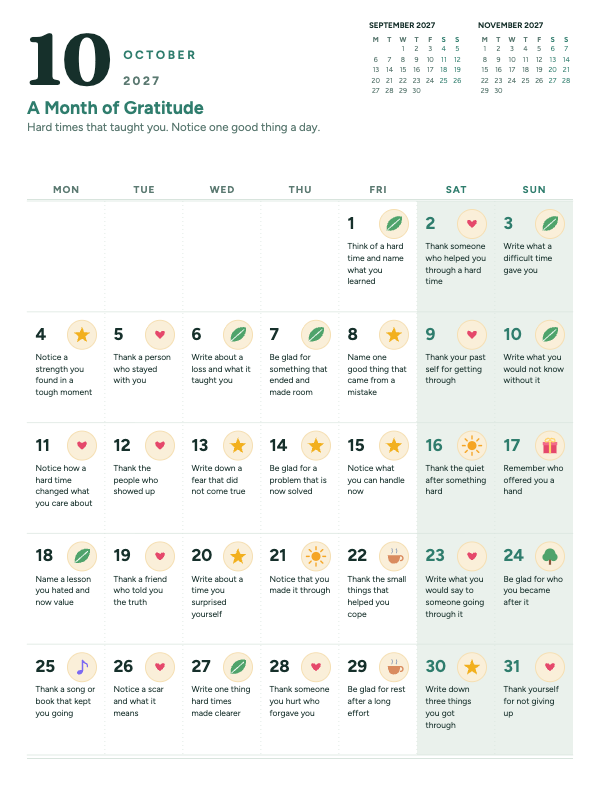 Gentle Gratitude October 2027 printable calendar preview