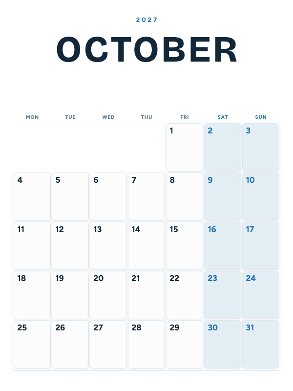 Ocean Poster October 2027 printable calendar preview
