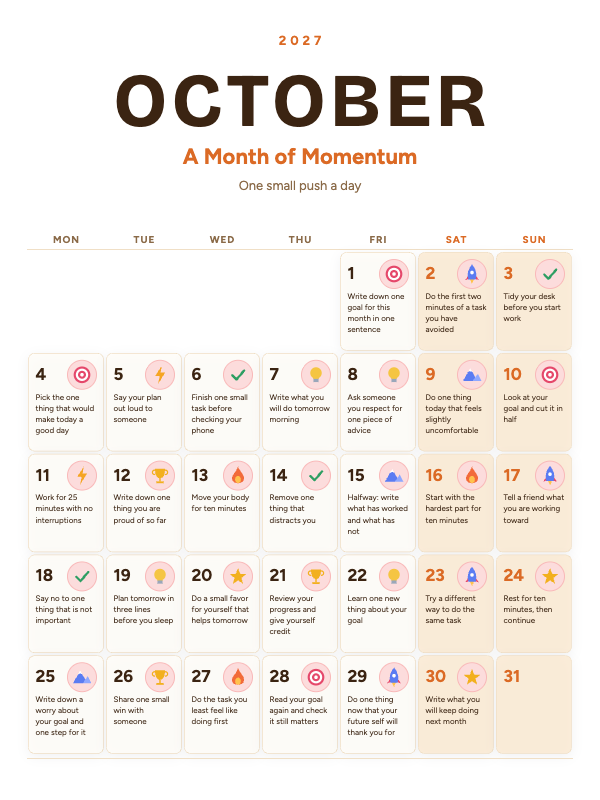 Daily Motivation October 2027 printable calendar preview