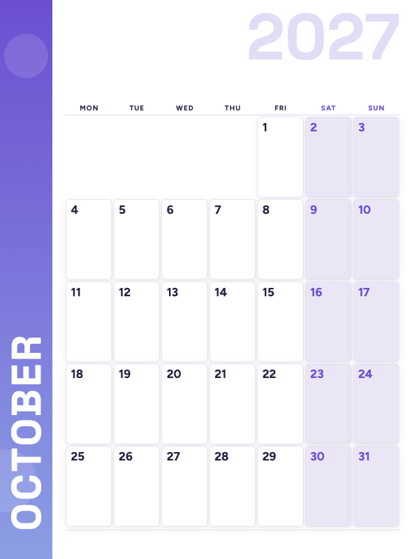 Lavender Side October 2027 printable calendar preview