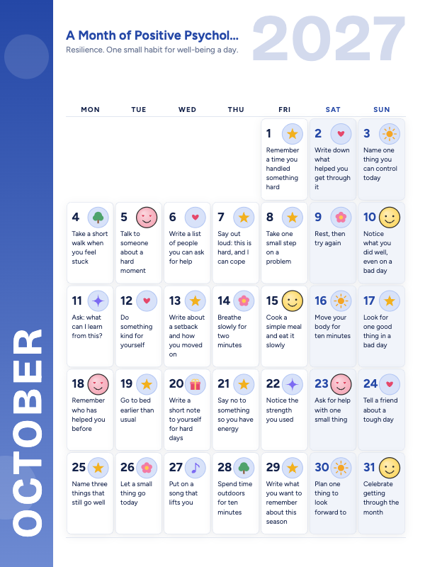 Little Wins October 2027 printable calendar preview