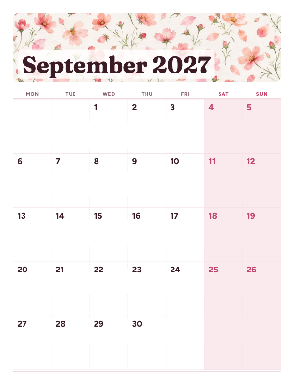 Blush Gallery September 2027 printable calendar preview