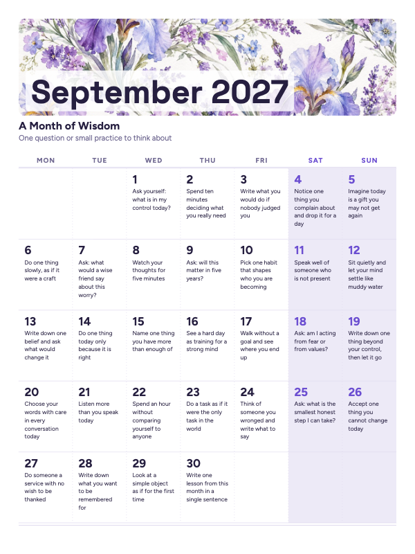 Thoughts to Keep September 2027 printable calendar preview