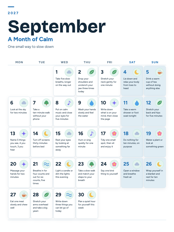 Calm Moments September 2027 printable calendar preview