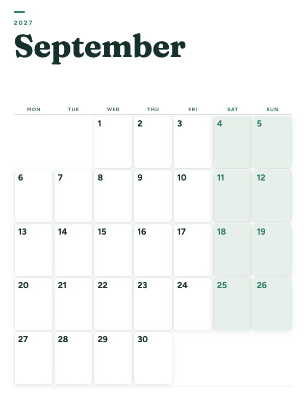 Sage Grid September 2027 printable calendar preview