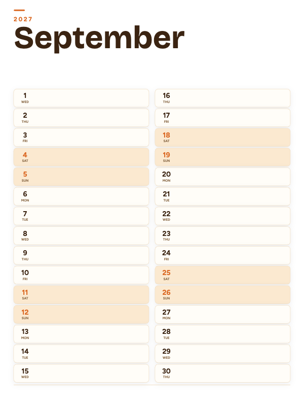 Sunrise List September 2027 printable calendar preview
