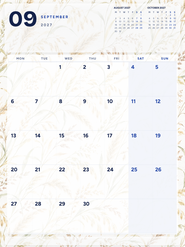 Golden Grasses September 2027 printable calendar preview
