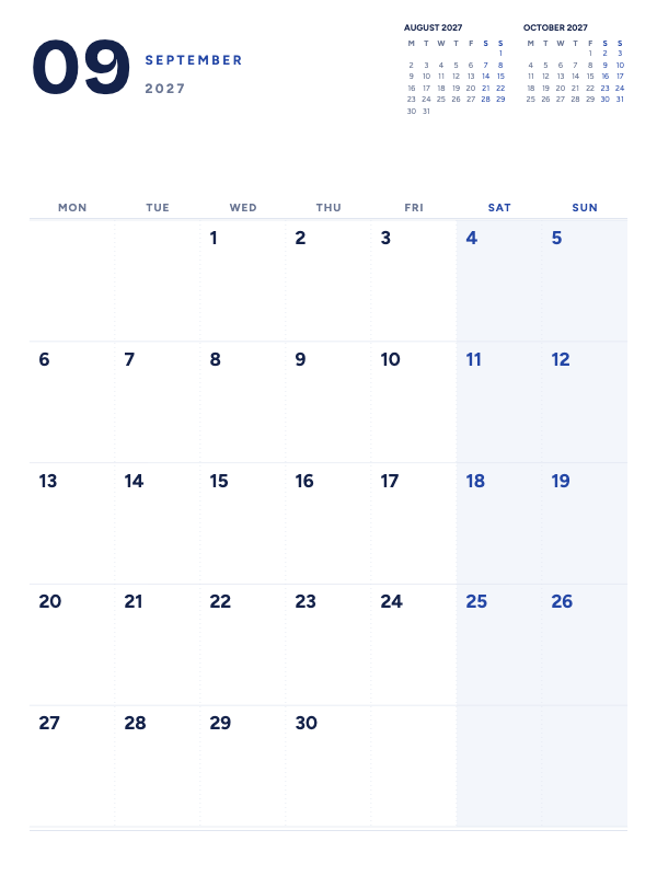 Quiet Planner September 2027 printable calendar preview