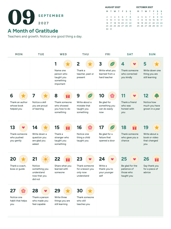 Gentle Gratitude September 2027 printable calendar preview