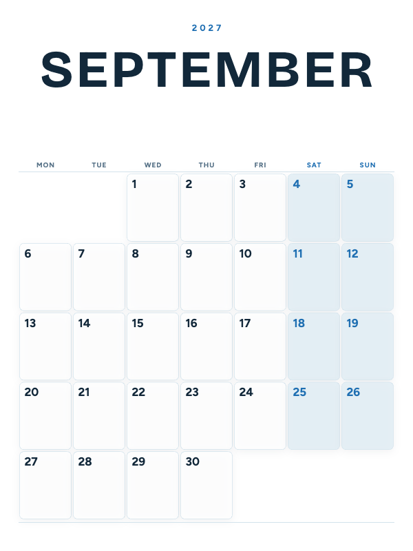 Ocean Poster September 2027 printable calendar preview