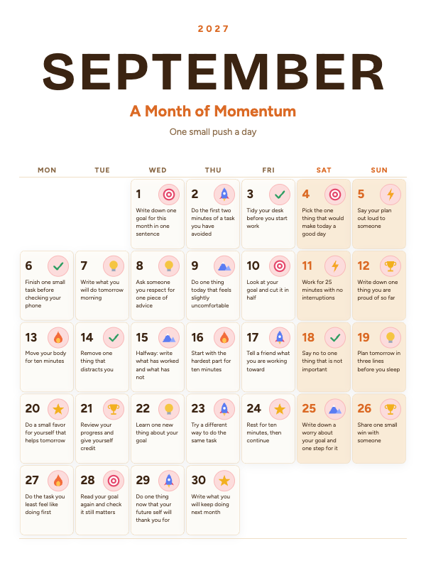 Daily Motivation September 2027 printable calendar preview