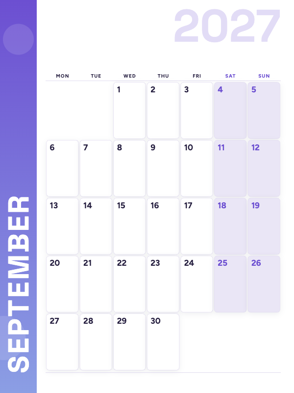 Lavender Side September 2027 printable calendar preview